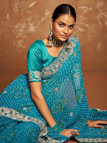 Image of Satrani Women'S Georgette Embroidery Bandhani Printed Saree With Unstitched Blouse Piece
