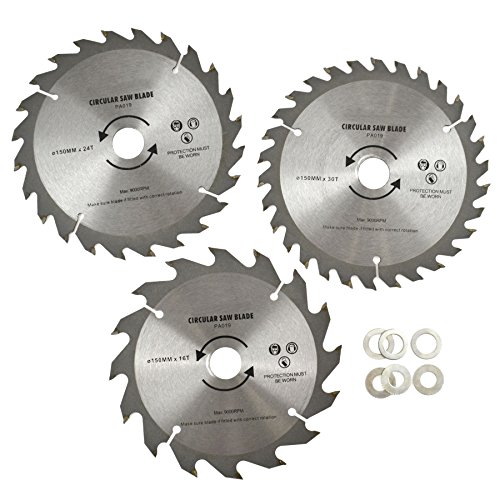 AB Tools 3pc 150mm TCT Circular Saw Blades 16/24/30 TPI & Adapter Rings Reducer TE866