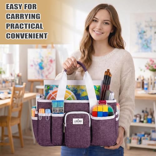 Image of JJRING Foldable Craft Organizer Tote With Zipper & Divider, Purple | Portable Art Storage Caddy Bag For Scrapbooking, Sewing, Artist & Home