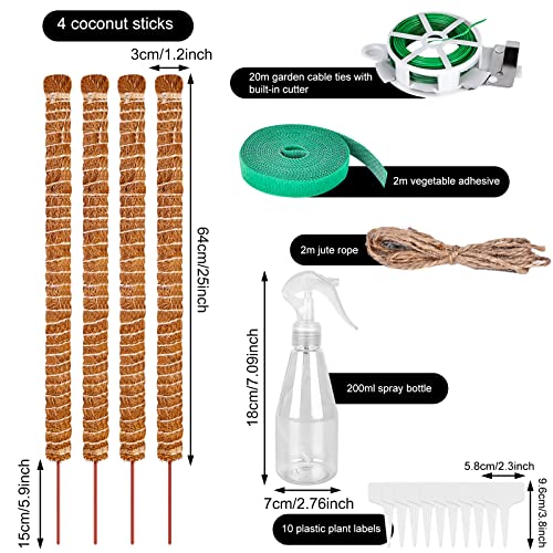 4 Pack 64cm Pflanzenstab Rankhilfe, Biegbar Kokosfaser Moosstab für Monstera mit Sprühflasche Pflanzenetiketten Totempfahl Kokosfaser Stützpfahl für Haus Garten Pflanzenunterstützung – Bild 3