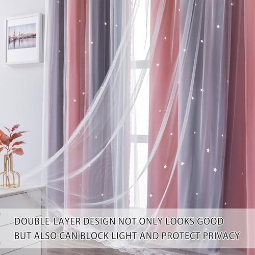 Image of XiDi Grey and Pink Curtains 96 Inches Long for Girls Bedroom 2 Panels Set, Blackout Rainbow Grommet Curtains for Kids Room Decor, Unicorn Wall Decals Drapes for Little Girl Nursery 34 Inches Wide