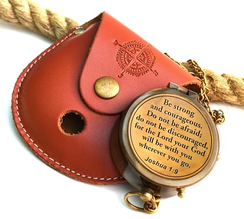 Be Strong and Courageous (Joshua 1:9) Brass Compass with wooden