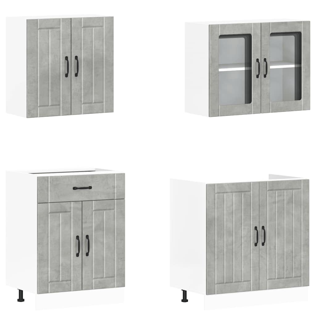 4-TLG. Küchenzeile Lucca Betongrau - Modernes Küchenschrank-Set aus Holzwerkstoff mit Glasvitrine, Spülenunterschrank und Hängeschränken für optimale Stauraumnutzung in der Küche