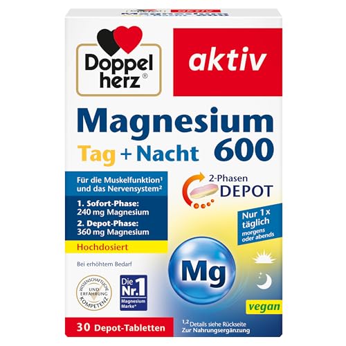 Doppelherz Magnesium 600 Tag und Nacht 2-Phasen-DEPOT - Magnesium trägt zur normalen Muskelfunktion bei - Hochdosiert - 30 DEPOT-Tabletten