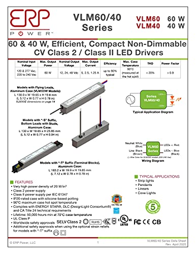 Image of ERP VLM60W-24 Constant Voltage DC Power Compact LED Driver 24V 2.5A 60W UL Class 2 for LED Lighting