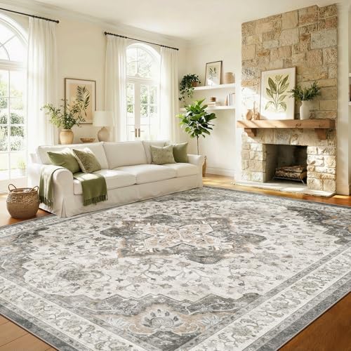 Marsail 8x10 Machine Washable Area Rug,Soft & Slip-Resistant Large Area Rug with Reinforced Bound Edges,Short-Pile Washable Rug with Floral Pattern for Living Room,Dinning Room and Bedroom,Brown