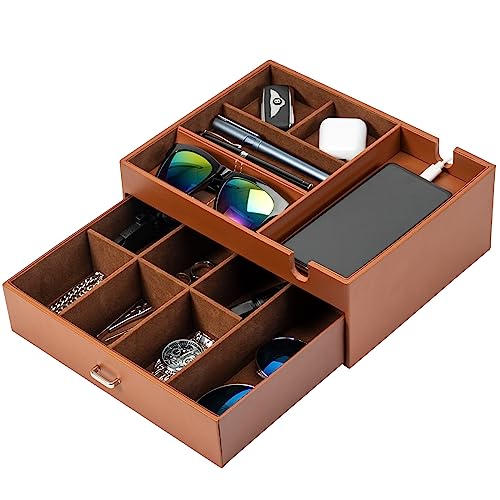 ProCase Bandeja de Valet de Doble Capa Organizador de Mesita de Noche para Hombre, Caja de Almacenaje para Llaves Reloj y Accesorio con Estación de Carga de Teléfono en Mesa de Entrada -Marrón