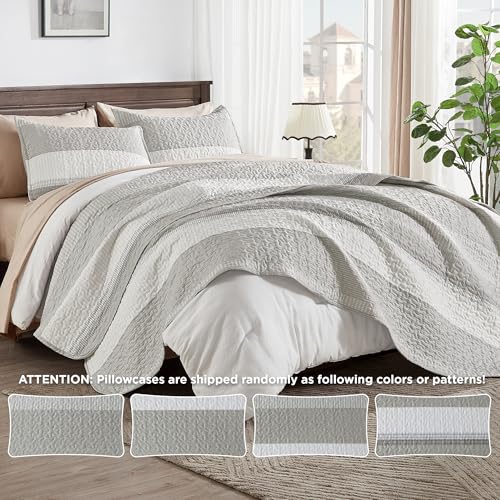 Image of Andency King Size Quilt Set Linen Grey, 3 Pieces Summer Ultra Soft Lightweight Bedspreads & Coverlets Set, Patchwork Striped Quilted Bedding Sets for All Seasons (1 Quilt, 2 Pillow Shams)