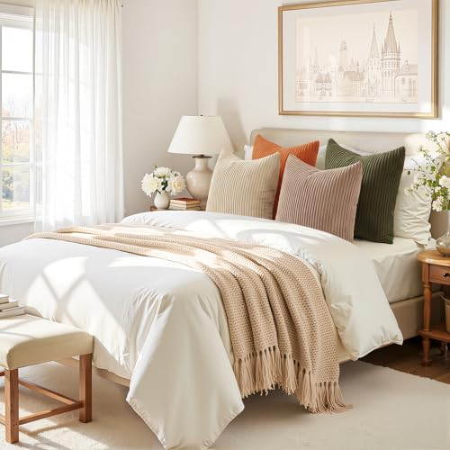 Image of Topfinel 20x20 Sofa Pillow Covers Rust and Olive Green Velvet Throw Pillow Covers Boho Farmhouse Cushion Cases Soft Corduroy Fall Home Decor for Couch Bed Sofa Living Room Pack of 4