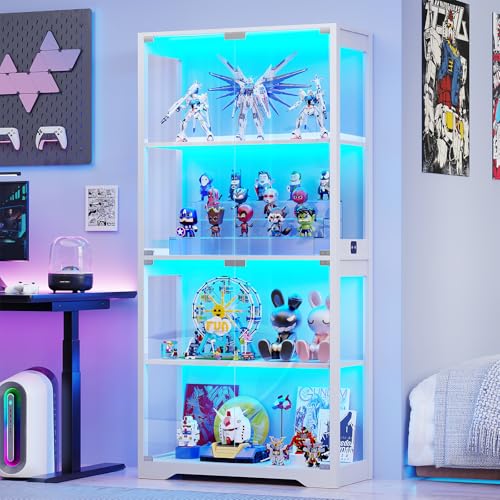 BROTTAR Display Cabinet with Glass Doors, 4-Tier Curio Cabinet with 3 Color Lights for Collectibles...