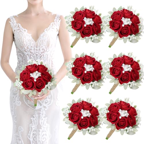 Burgundy Bridesmaids Bouquets Set of 6-7 Inch Artificial Flower Bouquet