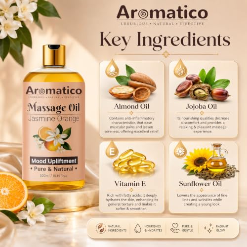Image of AROMATICO Jasmine Orange Massage Oil. Sensual Oil for Date Nights & Mood Upliftment. Intimate, Romantic Massage Oil for Couples. Non-sticky, 100% Natural - 300ml Pack of 2