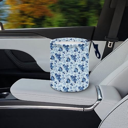 Image of Blue Roses Car Rubbish Bin Portable Waste Basket Can Foldable Auto Waste Storasge Bag Holder with Adjustable Strap for Camping, Travelling, Picnic