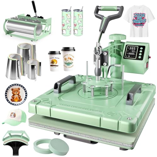 Seeutek 8 in 1 Heat Press Machine 15x15 Inch, Swing Away Digital Sublimation Heat Transfer Press with 20oz & 30oz Tumbler Attachments for T-Shirts, Mugs, Hats & Plates, Green