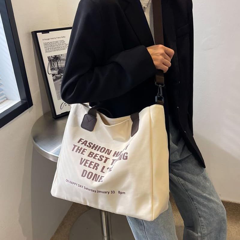 Trendy Letter Print Canvas Tote Bag for Women Stylish Shoulder and Crossbody Handbag3
