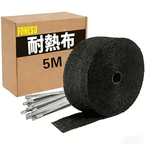 Foneso 耐熱エキゾーストバンテージ、ブラック、5M、ステンレス製結束バンド10本付き、オートバイのエキゾーストパイプ・マニホールド用