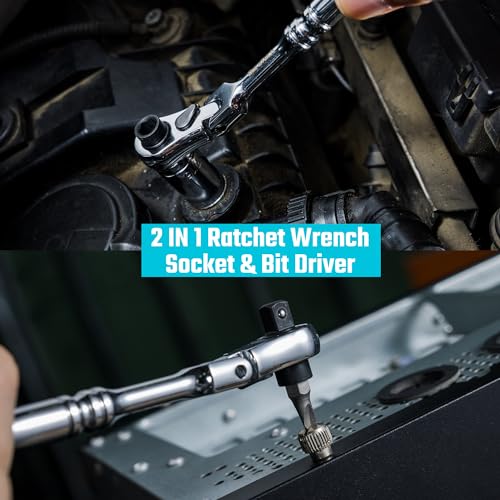Image of DURATECH 1 /4 inch Drive Ratchet Handle, 2 in 1 Flex Head, Socket & Bit Driver