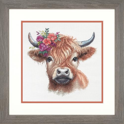 Image of Dimensions 70-35449 Highland Cow Counted Cross Stitch Kit, 11 inch x 11 inch, 14 Cnt. White Aida, 4 Pieces