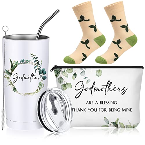 Image of 3 Pcs Godmother Gift Godmother Travel Tumbler, God Mother Makeup Bag, God Mom Socks, Godmother Proposal Gift Appreciation Godmother Gift ideas from Godchild for Women (Leaves)