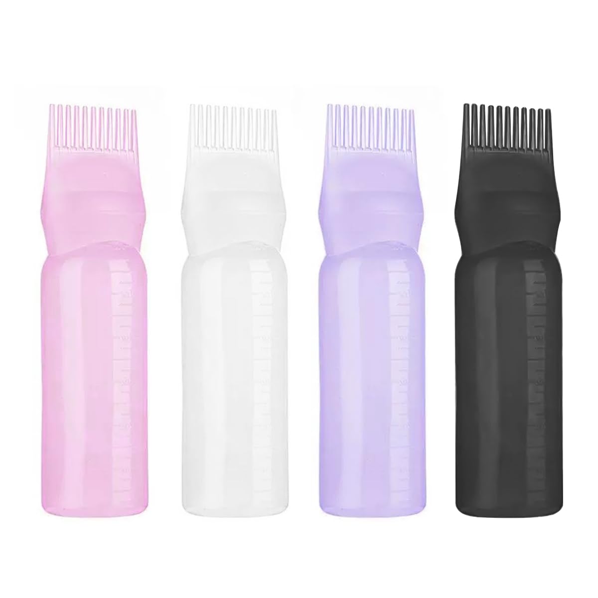 Root Comb Applicator Bottle 6 Ounce, 4 Pack Applicator Brush for Hair Dye, Hair Oil Applicator Bottle with Graduated Scale (Pink White Black Purple)