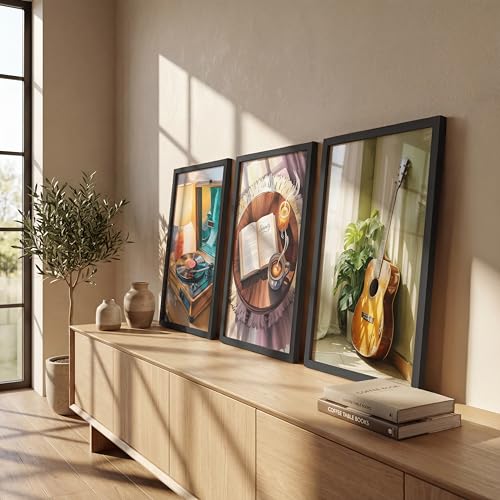 Image of NoWorries Modern Aesthetic Wall Art Framed Painting Set of 3 | Vintage Record Player, Coffee Book & Acoustic Guitar Prints with Frame | Cozy Lifestyle Music Decor Frames for Living Room, Bedroom and Studio, Minimal Contemporary Framed Artwork Ready to Hang (Art-8, 10x13inch, Wooden)