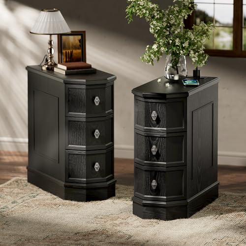 AMBERHAUS Nightstand Set of 2 with Charging Station, Vintage Wood End...