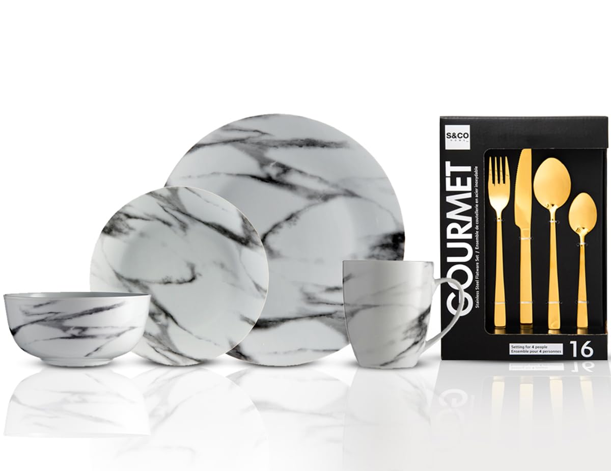 Juego combinado exclusivo de diseñador de 32 piezas | Juego de vajilla de 16 piezas con aspecto de mármol y juego de cubiertos de 16 piezas dorado, servicio para 4, apto para lavavajillas, platos,
