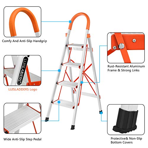 LUISLADDERS 4 Step Ladder Aluminum Lightweight Folding Step Stool Portable Home and Kitchen Anti-Slip Stepladder 330lbs EN131 (4 Step)