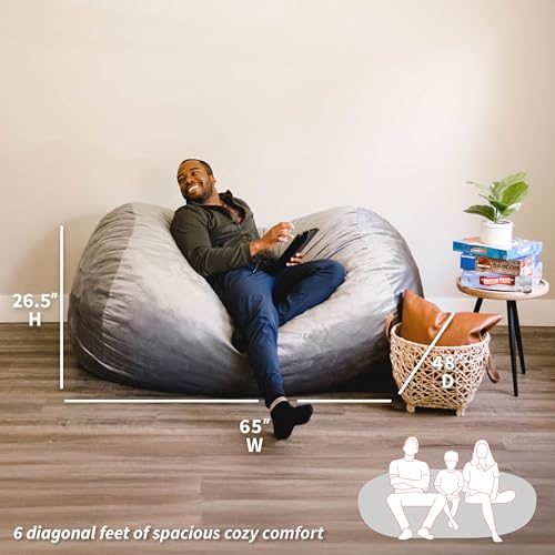 Image of Big Joe Fuf Media Lounger Foam Filled Bean Bag Chair with Removable Cover, Gray Plush, Soft Polyester, 6 feet Giant