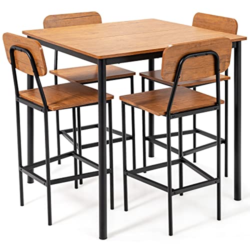 GIANTEX Juego de Mesas de Comedor de 5 Piezas, Mesa Alta y 4 Taburetes de Bar con Reposapiés y Respaldo, Juego de Muebles de Ahorro de Espacio para Bares