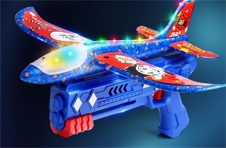 Foam Airplane Launcher Toy with LED Lights, 3 Pack Glider Planes with Gun, Kids Outdoor Flying Toy