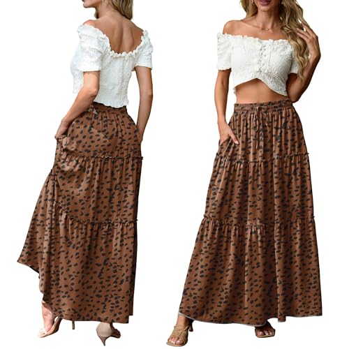 Image of Lepunuo Womens Casual Boho High Waisted Flowy Maxi Skirts Tiered Floral Long Skirts with Pockets for Summer Beach Vacation