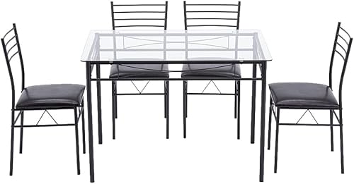 Juego de mesa de comedor de cristal de 5 piezas, juegos de comedor de madera con 4 sillas de cojín de poliuretano, juego de muebles de cocina y