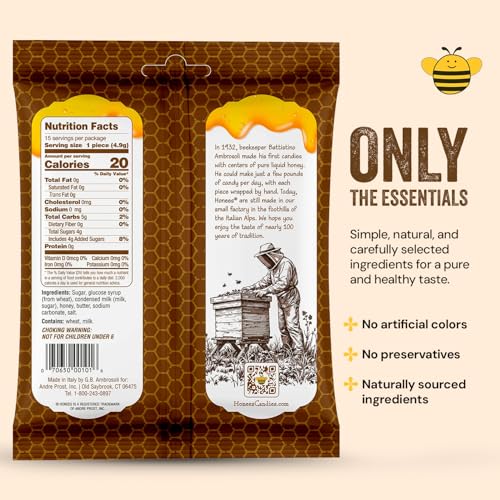 Honees Honey Caramels Hard Candy Individually Wrapped | Natural & Healthy Candy, Italian Made with Milk & Pure Honey, 1 Pack (2.59 oz) - image 2