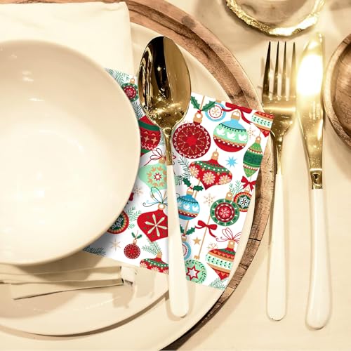 Quera 50 Pack Christmas Cocktail Napkins Disposable Vintage Lamp Ball Pine Branch Paper Napkins Winter Dinner Hand Napkin for Christmas Winter Holiday Party Supplies, 6.5 x 6.5 Inch – Image 8