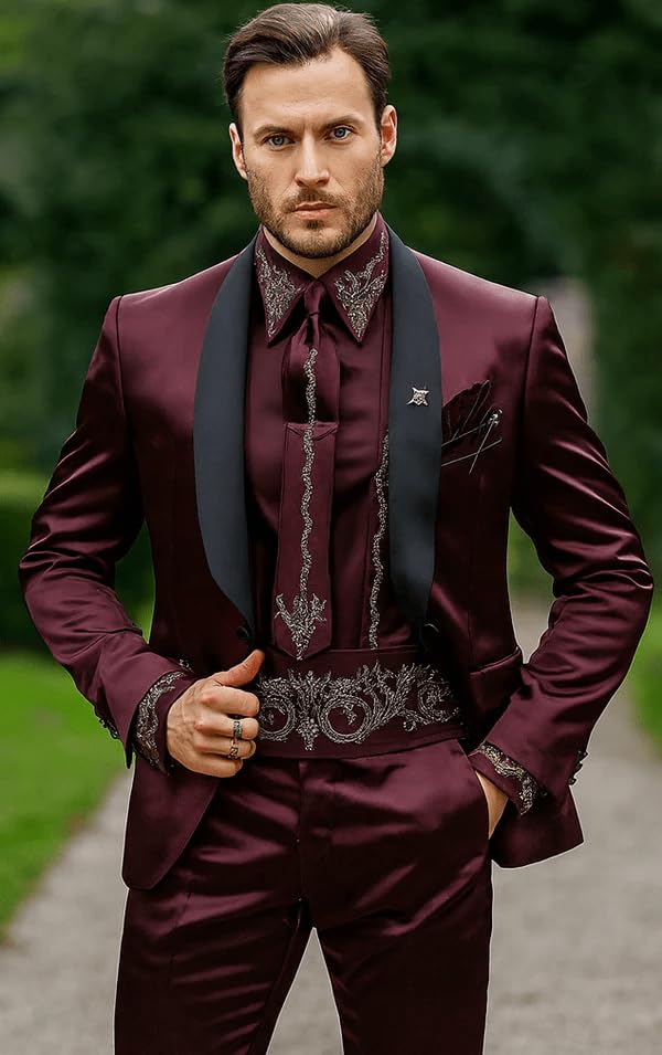 Sateen Fabric Suit - Shiny Tuxedo - Prom Suit - Groom Tuxedos - Burgundy2