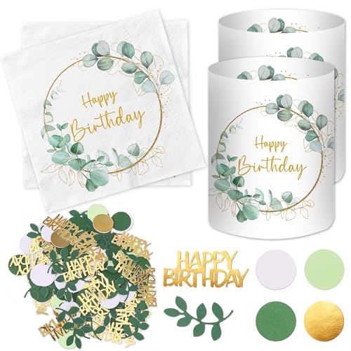 20 Stück Servietten Happy Birthday+ 12 Stück Windlicht Tischdeko Geburtstag + 100 Stück Konfetti Geburtstag Deko Grün Geburtstagsdeko Frau Mann Mädchen Junge Kinder Eukalyptus Tisch Deko