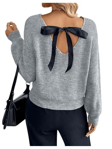 Image of BEAUDRM Women's Bow Tie Backless Sweaters Long Sleeve Crew Neck Drop Shoulder Cable Knit Sweater Women Grey Large