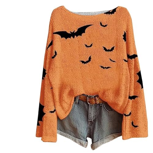 Women's Halloween Pumpkin Print Long Sleeve Knit Top, Fall Halloween Vintage Crew Neck Sweater