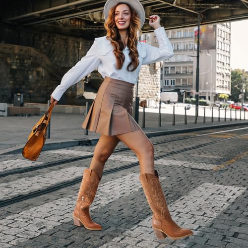 Image of Rollda Cowboy Boots for Women Cowgirl Boots Embroidered Knee-High Western Boots Pointy Toe with Chunky Heel