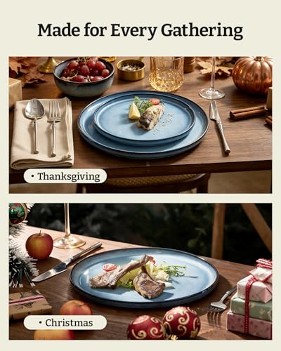 Image of Famiware Milkyway Stoneware Dinnerware Set, 16-Piece, Including Pasta Bowl, Double Reactive Glaze, Plates and Bowls, Service for 4, Microwave and Dishwasher Safe, Scratch-Resistant, Dusty Blue