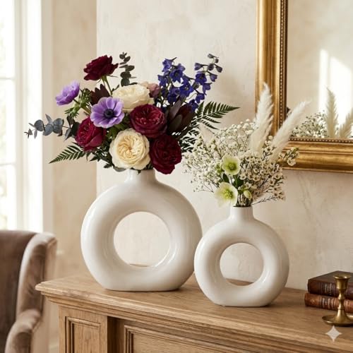 Image of Modern Ceramic Donut Vase Set of 2 (White) | Minimalist Ring Shape Decorative Flower Vase for Living Room, Bedroom, Office & Table Decor (5,6 Inch)