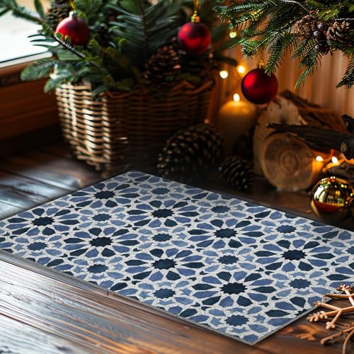 Jvpke Blue Floral Moroccan Tile Door Mats Outdoor Entrance, Modern Blue and White Welcome Bath Mats for Front Door, 17x30 Inches - Image 5
