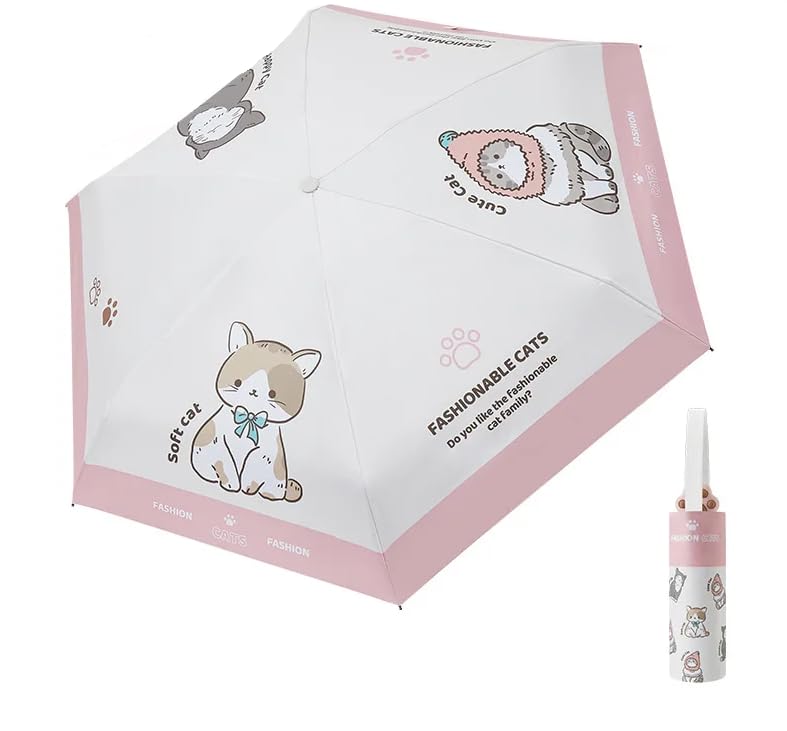 Cute Cat Print UV Protection 3 Fold Travel Umbrella for Women & Girls | Manual Open, Compact Rain & Sun Protection, UPF 50+ | Windproof Portable Folding Umbrella with Paw Handle-image-46