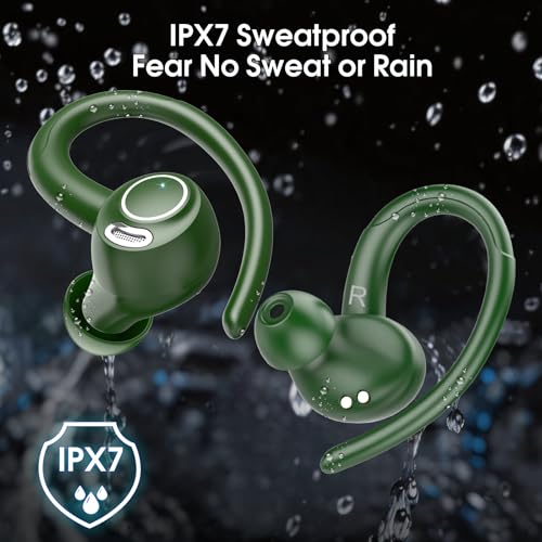 Image of Wireless Earbuds Bluetooth 5.3 Headphones Sports, 48H Earphone with ENC Mic, Stereo Deep Bass Bluetooth Earbuds with Secure Earhooks, LED Display, IPX7 Waterproof Over Ear Buds for Running /Gym Green