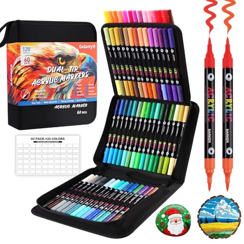 Gelanty 120 Couleurs Feutre Acrylique, 60 Pièces à Double Pointe Brosse Double Couleurs Marqueur Acrylique avec 12 métalliques Pour La Peinture sur Roche, Bois, Toile, Verre, Livre de Coloriage