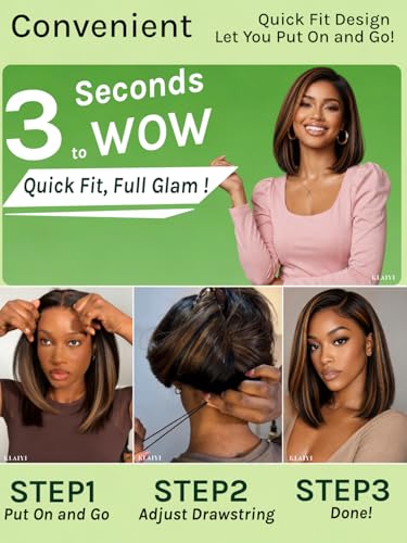 Image of KLAIYI Bye Bye Slip Side Part Golden Brown Highlight Yaki Straight Bob Wig Human Hair Glueless Ombre Precut 7x5HD Lace Front Wigs Drawstring Pre Plucked Bleached Knots 30S Ready to Wear and Go 12Inch