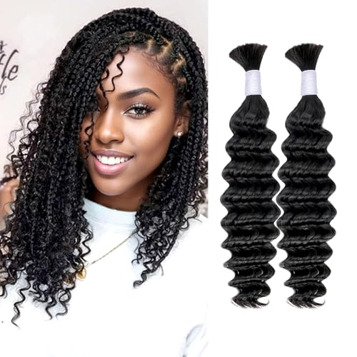 Deep Wave Bulk Human Hair for Braiding 2 Bundles 100g 16 Inch No Weft 10A Brazilian Virgin Curly Human Hair Extensions for Boho Braids Wet Wavy Human Braiding Hair (16"/100G,Black) 16 Inch-1
