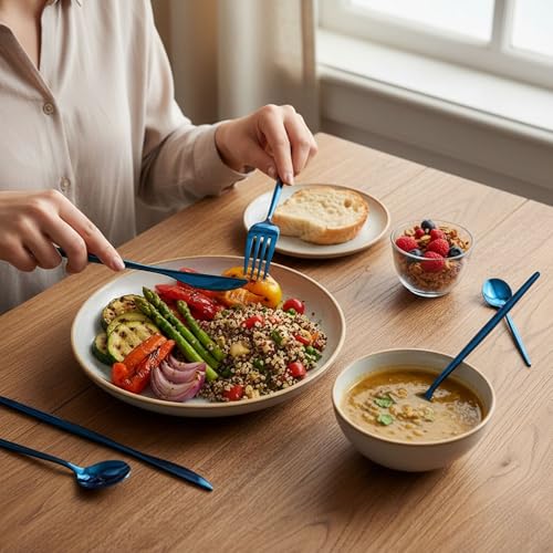 Image of 25 Pcs Blue Cutlery Set for Dining Table the Perfect Lightweight Silim Handle Tableware Including Dinner Spoon, Dinner Fork, Dinner Knife, Dessert Spoon & Dessert Fork