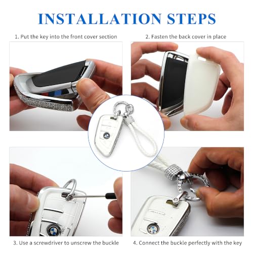 Image of Creativity For BMW X5 Key cover and Key chain accessories (White set) | TPU key box with Rhinestones is compatible with F30 F45 F55 G20 G30 X1 X3 X4 X5 X6 X7 3 5 6 7 M5 M6 GT series smart key
